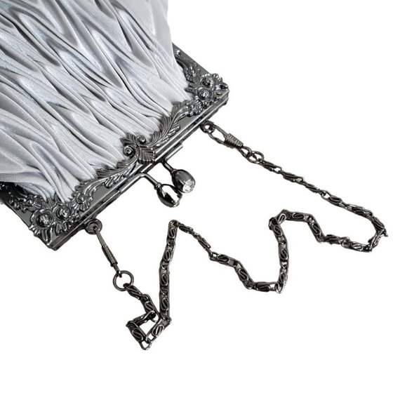 Satin Light Gray Pleated Evening Mini Bag With Short Chain Strap - Picture 8 of 11